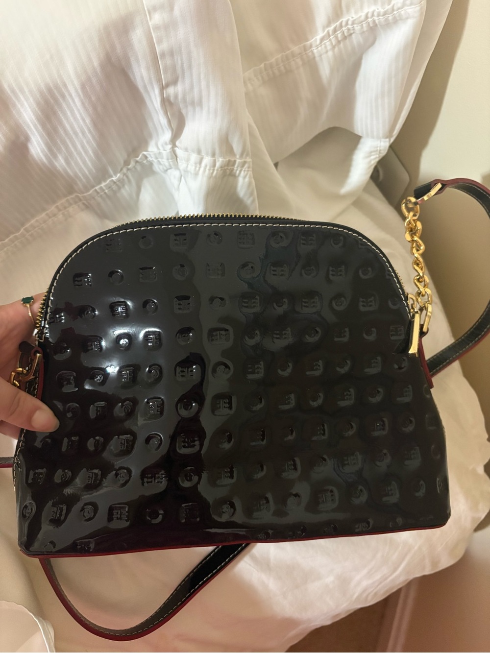 Arcadia Glossy Black Patent Dome Crossbody with Burgundy Trim